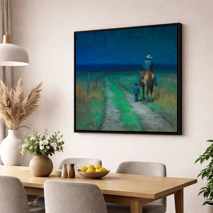 Nightfall Companions horse & rider wall art displayed in a dining room