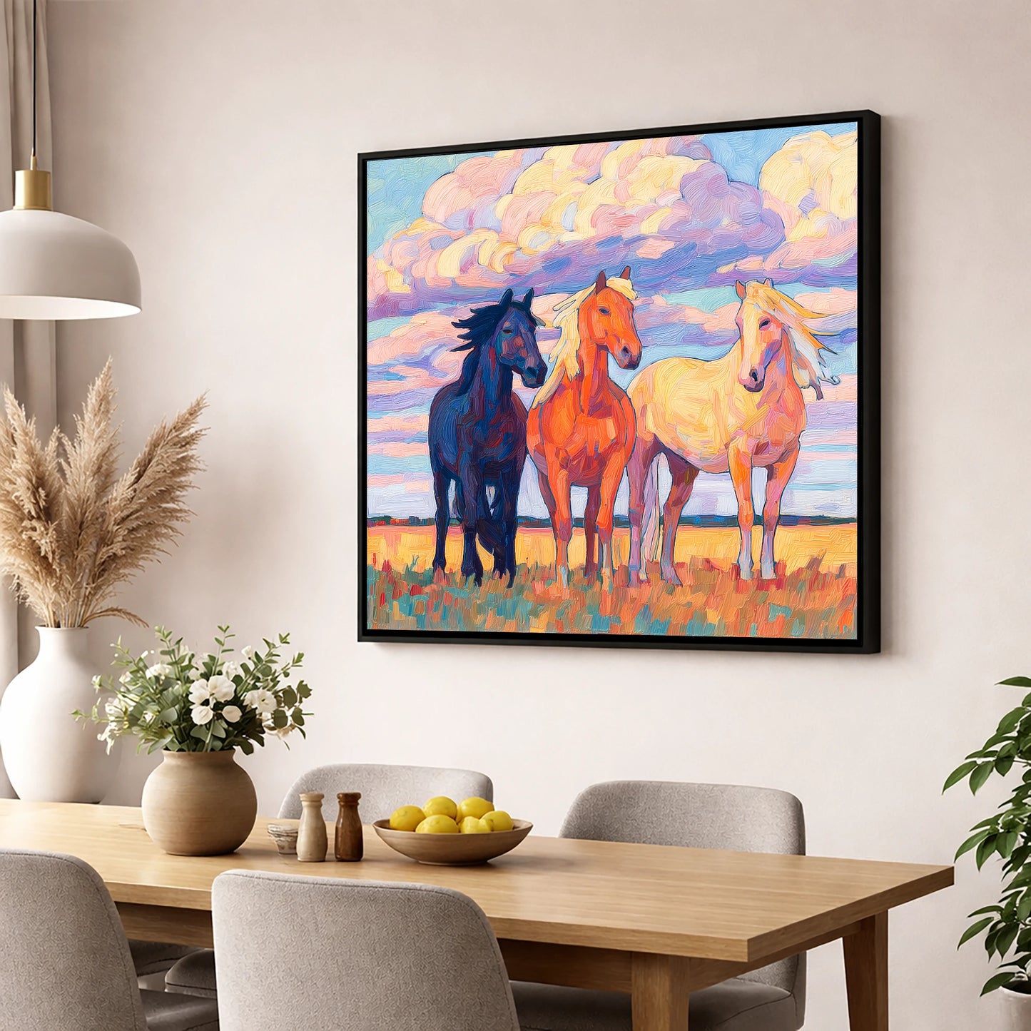 Three Under Painted Skies horse landscape wall art displayed in a dining room