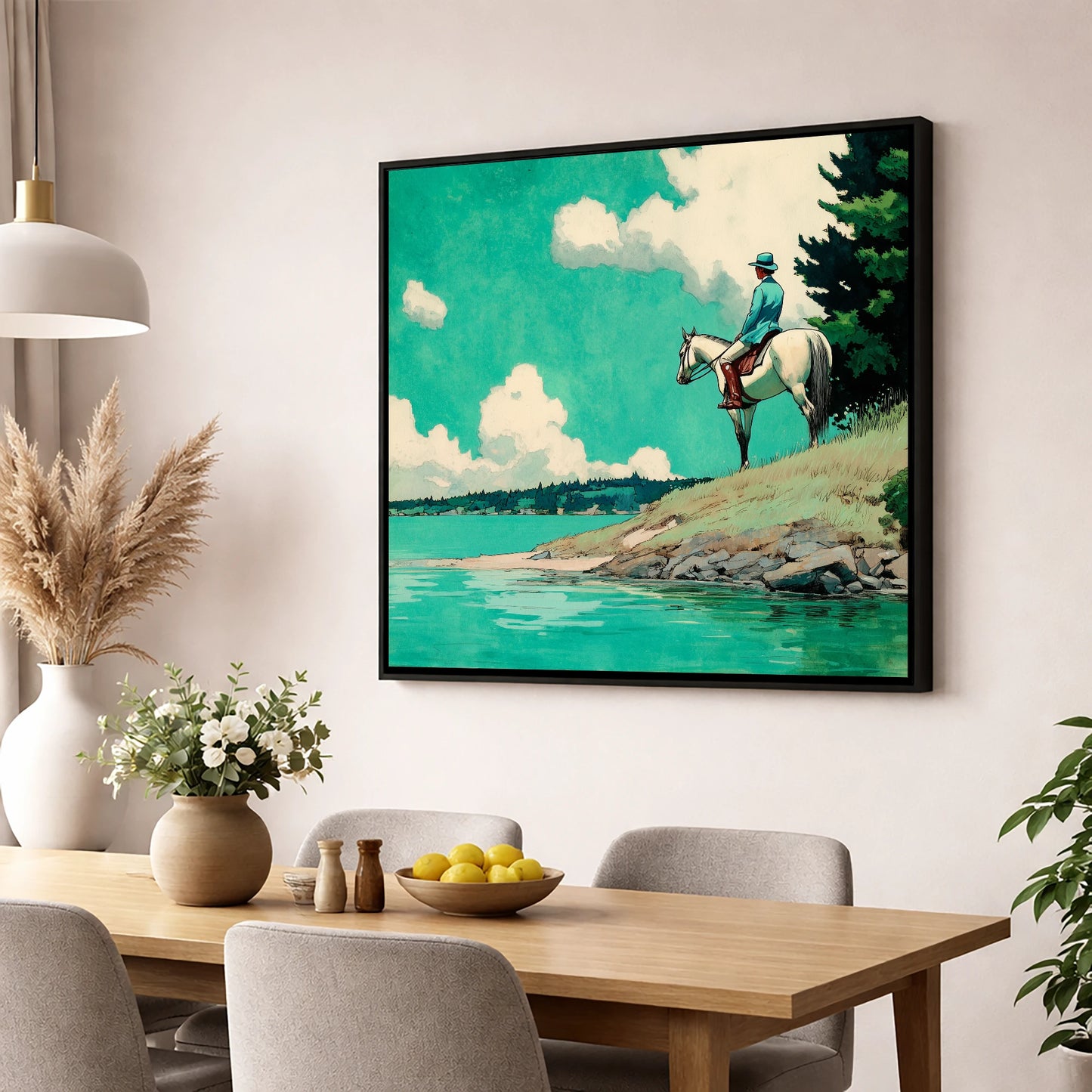 Teal Waters Vantage beach horse wall art displayed in a dining room