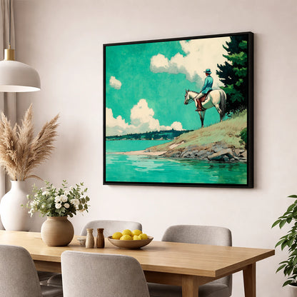 Teal Waters Vantage beach horse wall art displayed in a dining room