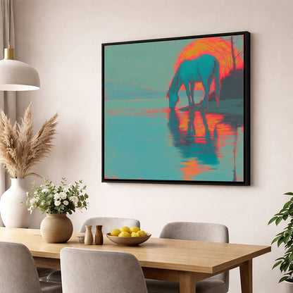 Electric Sunset Reflections horse landscape wall art displayed in a dining room