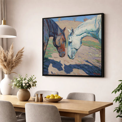 Sunlit Companions horse portrait wall art displayed in a dining room