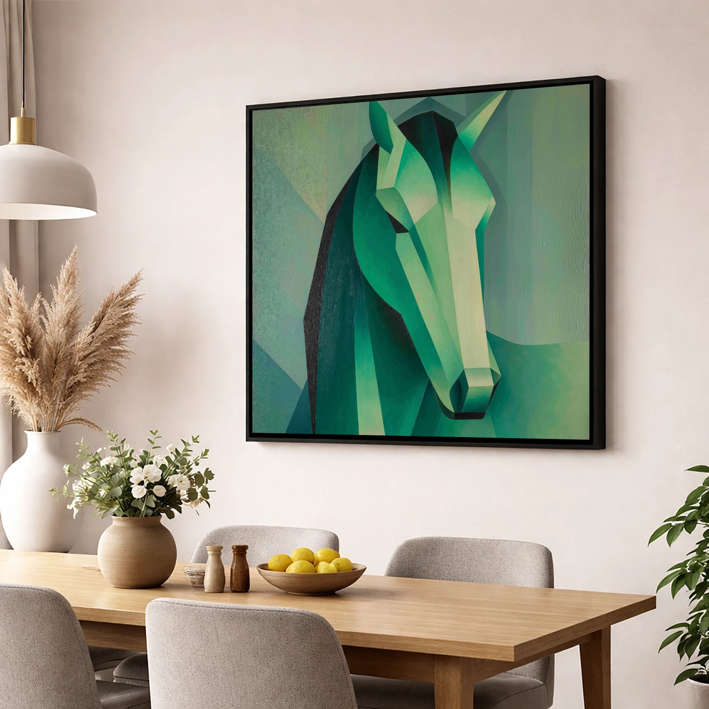 The Emerald Facets horse portrait wall art displayed in a dining room