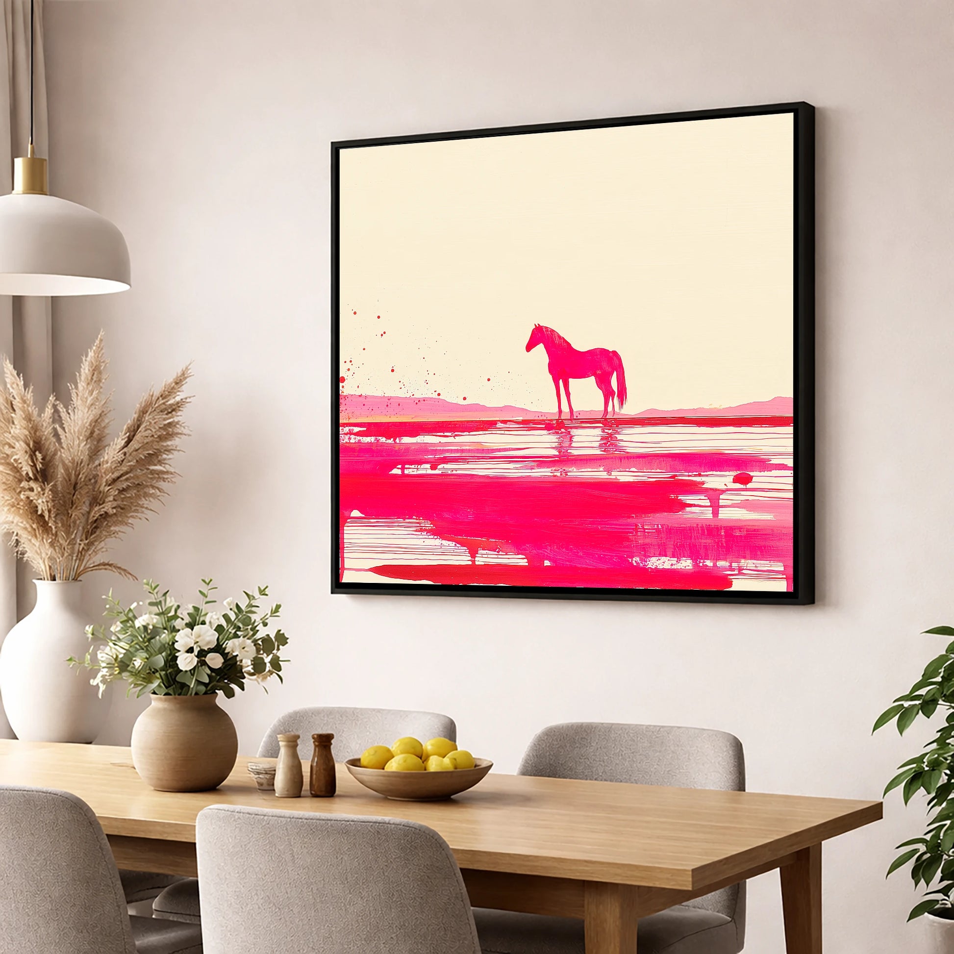 Magenta Horizon Reflection horse landscape wall art displayed in a dining room