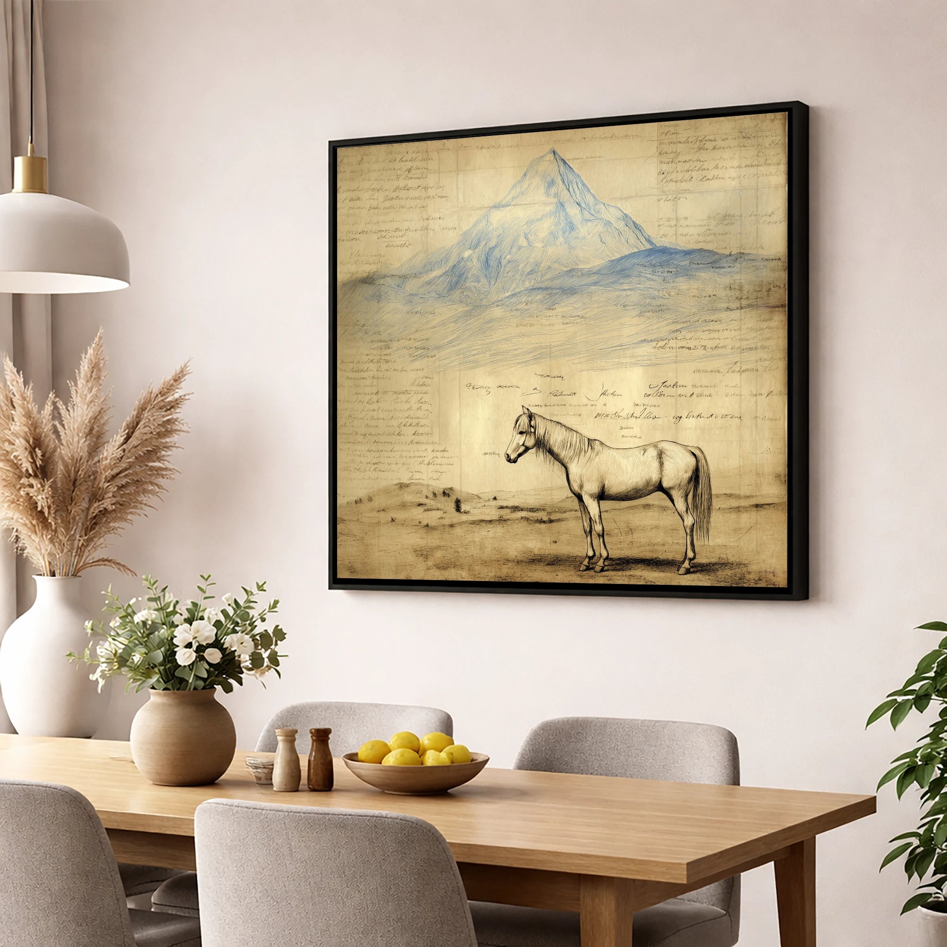 Alpine Journal Study horse landscape wall art displayed in a dining room