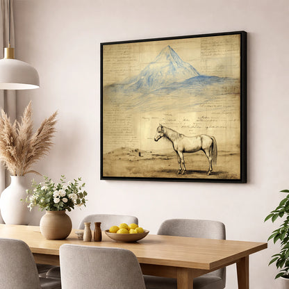 Alpine Journal Study horse landscape wall art displayed in a dining room