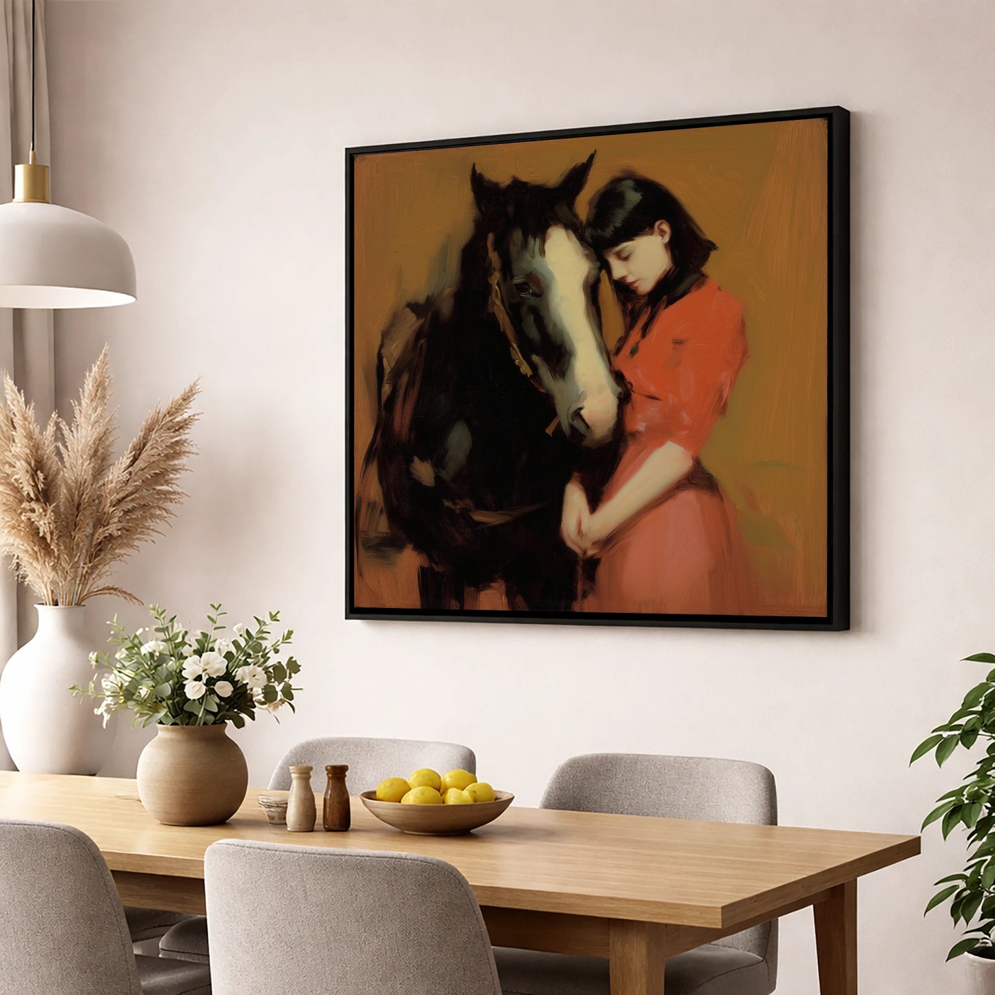 The Quiet Connection horse & rider wall art displayed in a dining room
