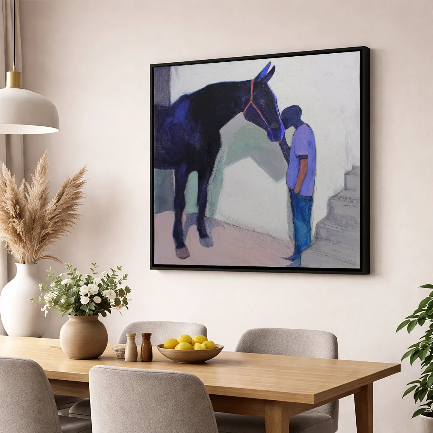 Silent Communion horse & rider wall art displayed in a dining room