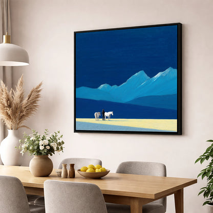 Azure Mountain Solitude horse landscape wall art displayed in a dining room