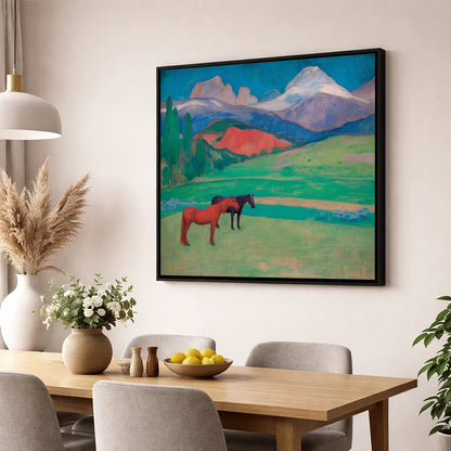 Crimson Mountain Companions horse landscape wall art displayed in a dining room
