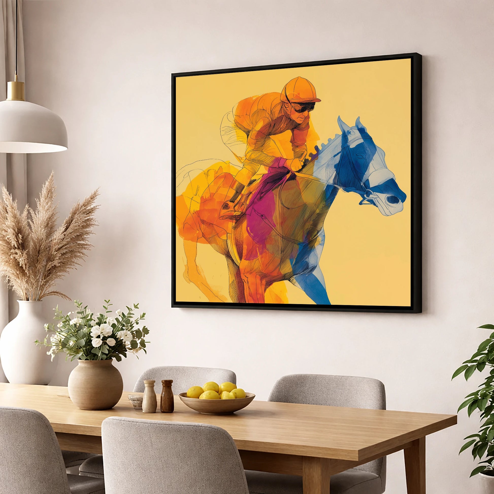 The Golden Furlong racing horse wall art displayed in a dining room