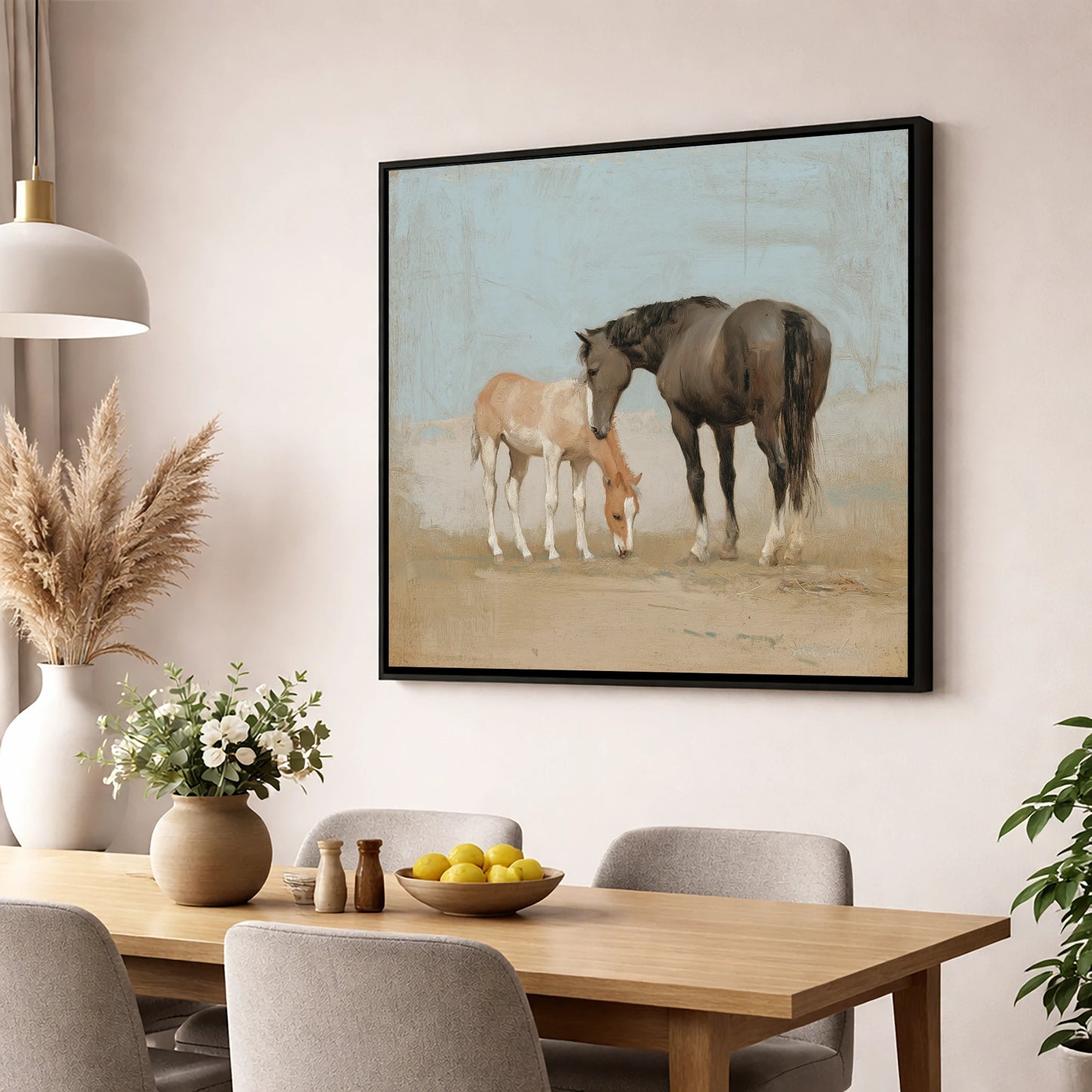 The Quiet Bond mare & foal wall art displayed in a dining room