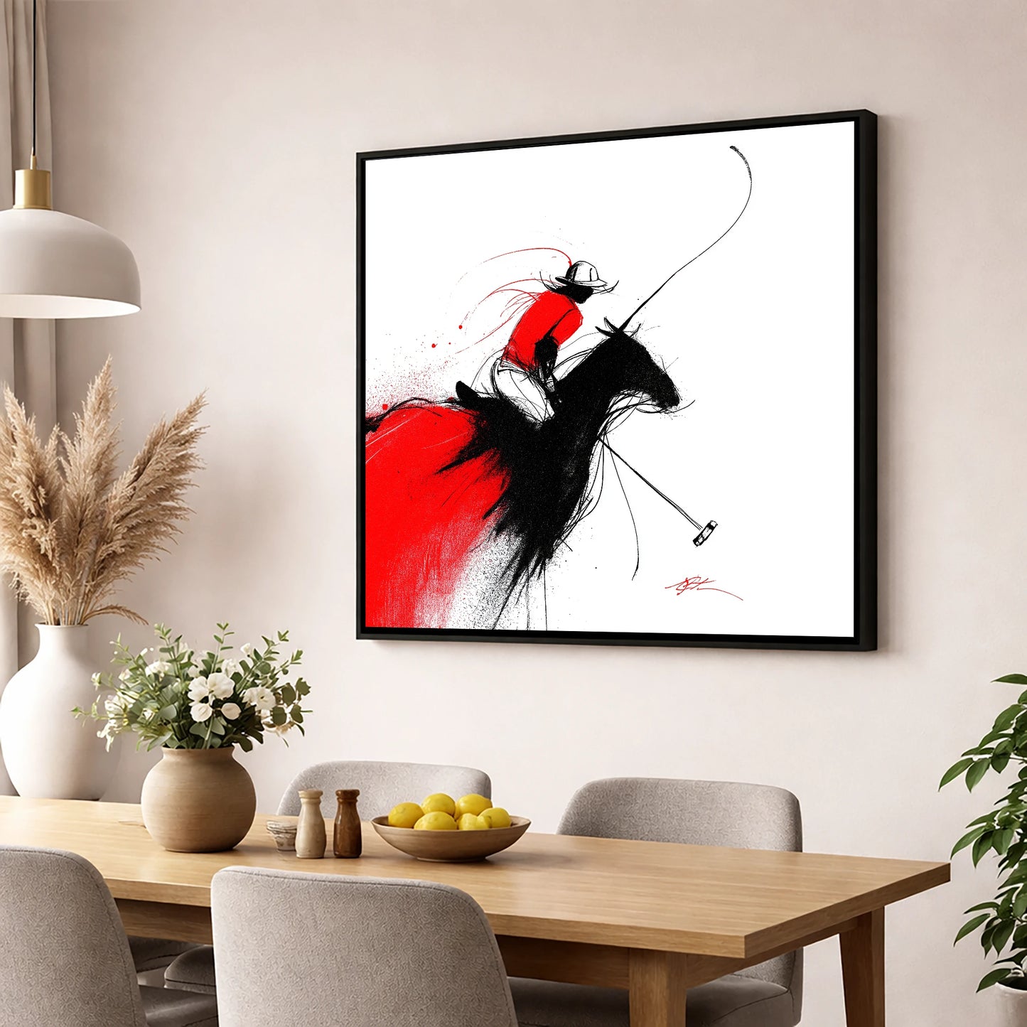 Crimson Polo Strike polo horse wall art displayed in a dining room