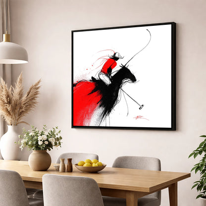 Crimson Polo Strike polo horse wall art displayed in a dining room