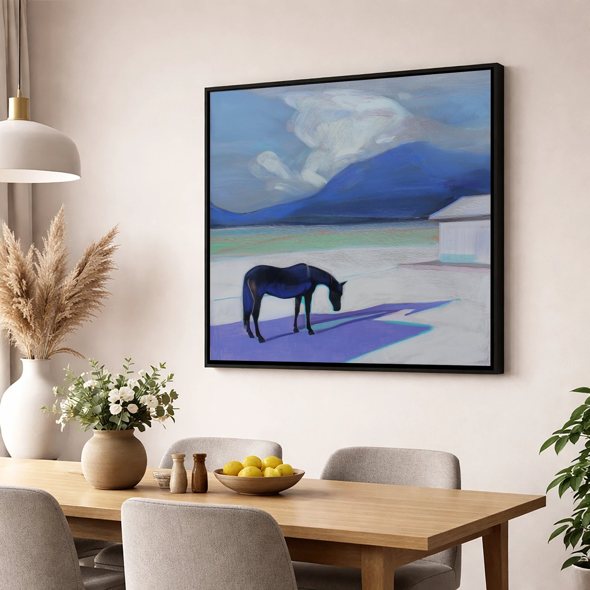Lavender Shadows horse landscape wall art displayed in a dining room