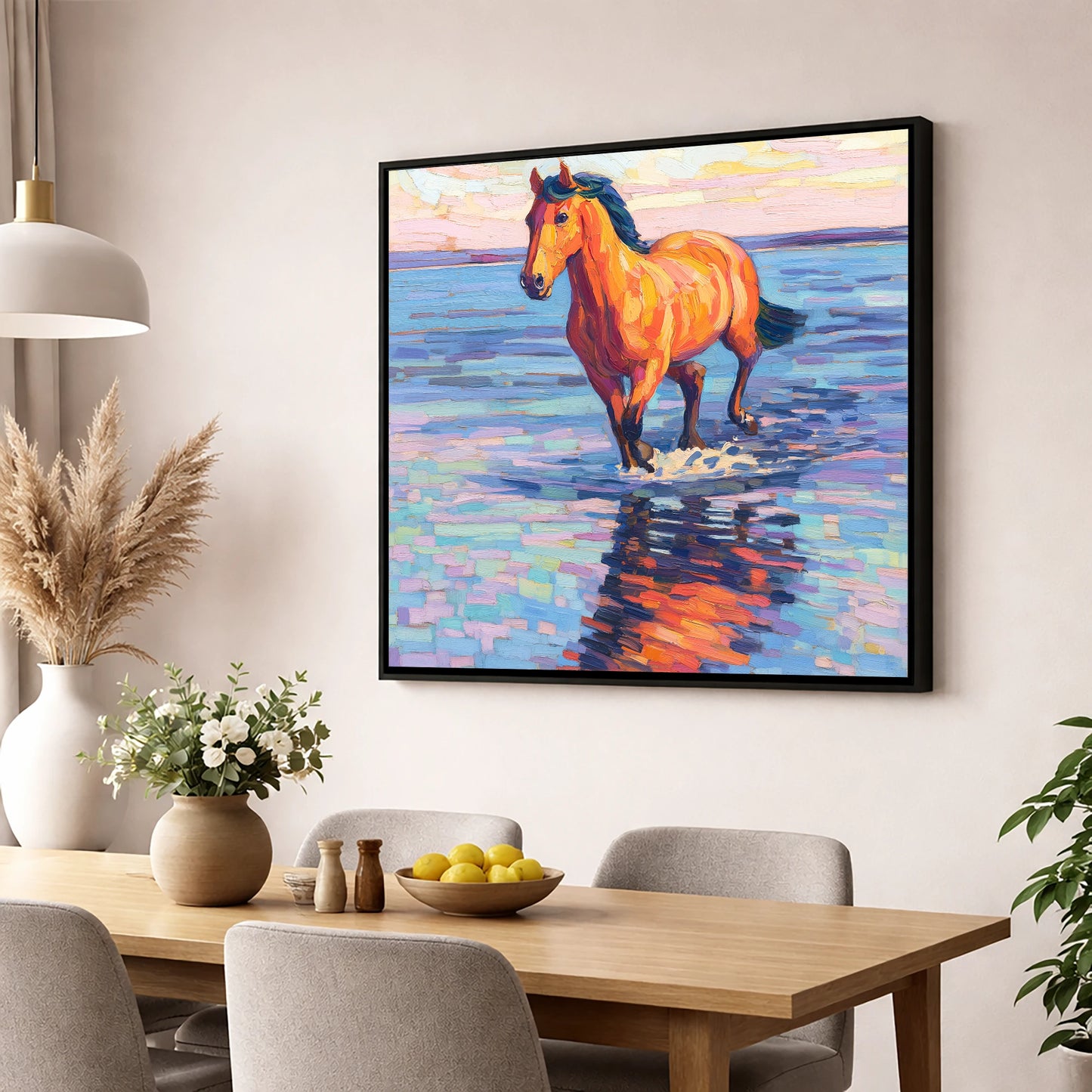 Sunset Shallows Stride beach horse wall art displayed in a dining room