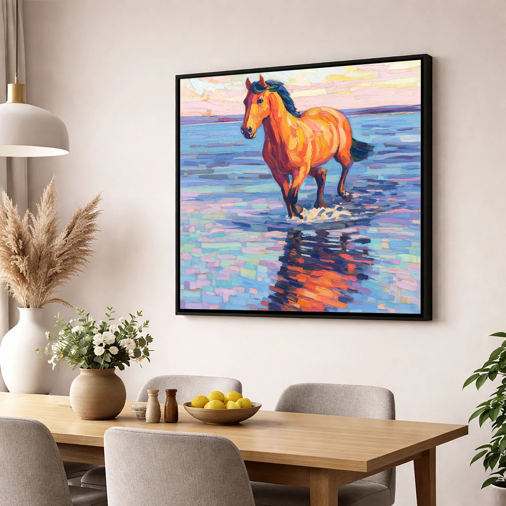 Sunset Shallows Stride beach horse wall art displayed in a dining room