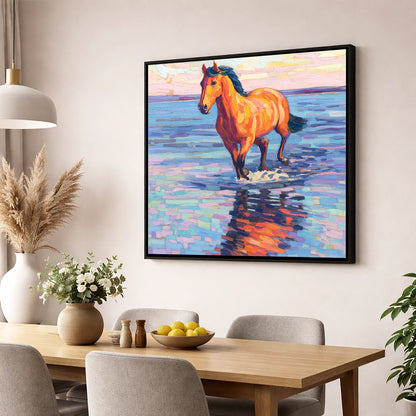 Sunset Shallows Stride beach horse wall art displayed in a dining room