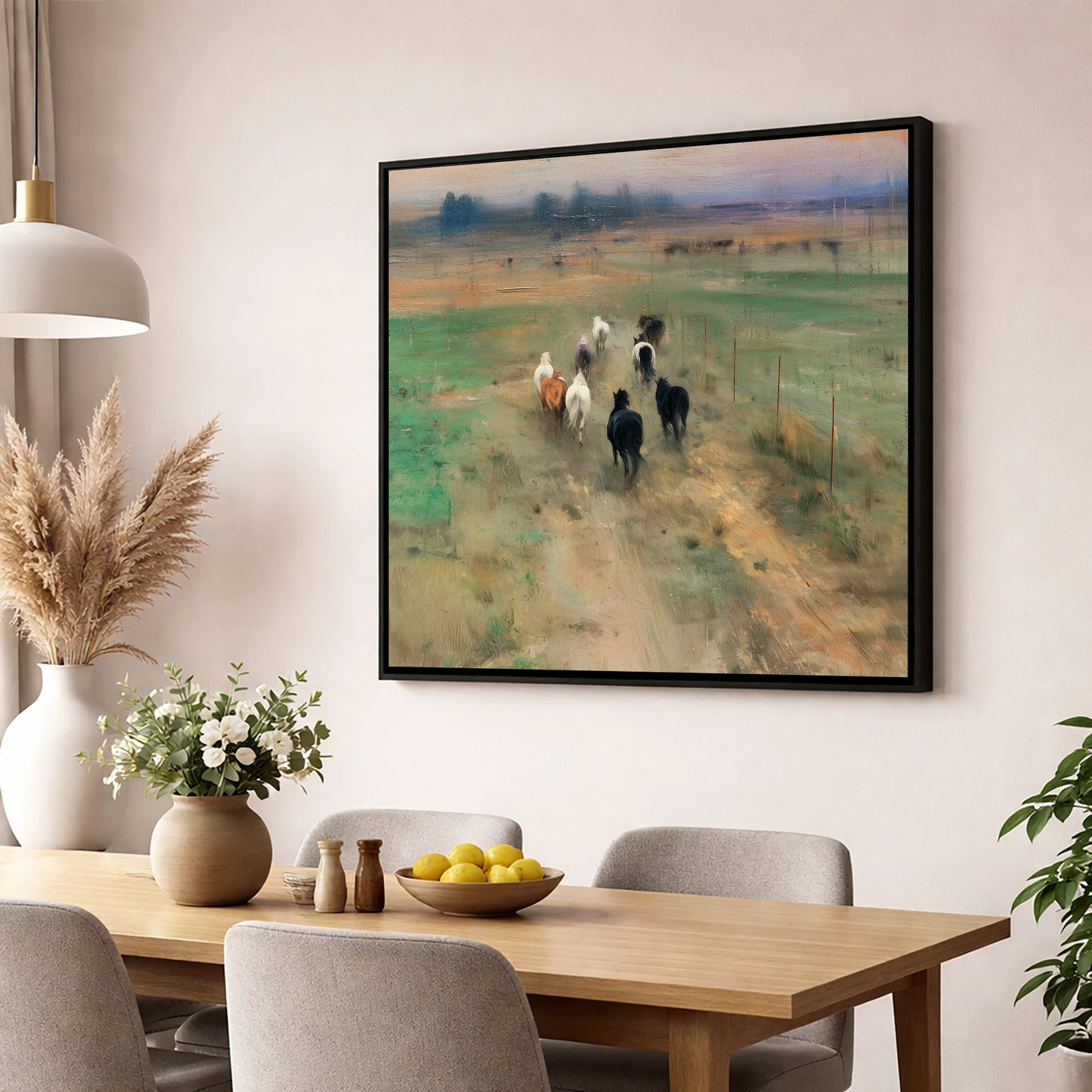 Heading for the Horizon wild horses wall art displayed in a dining room