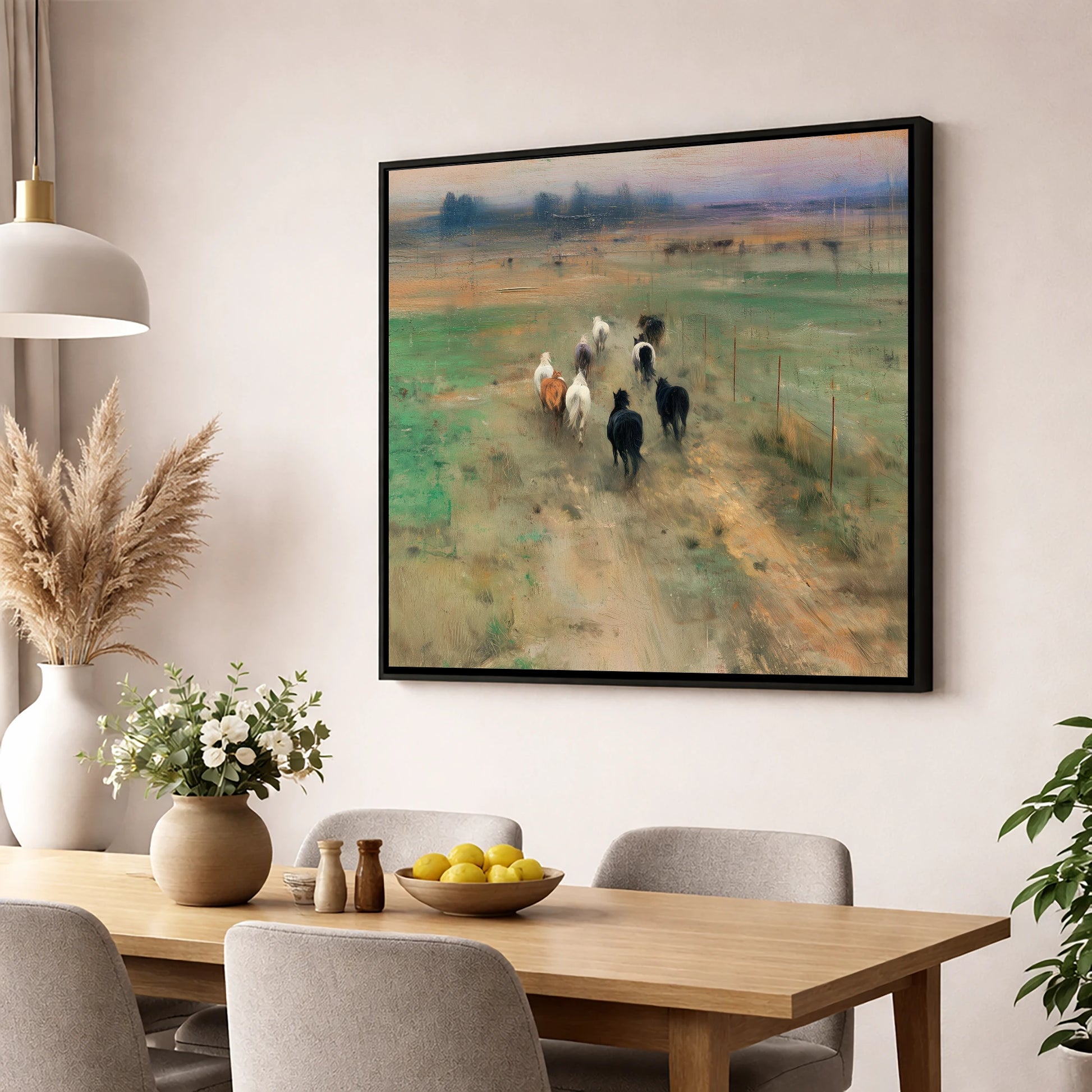 Heading for the Horizon wild horses wall art displayed in a dining room