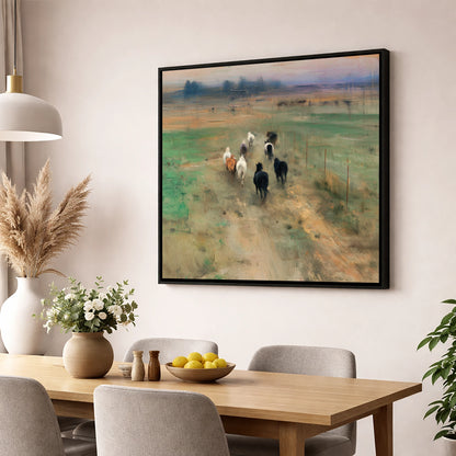 Heading for the Horizon wild horses wall art displayed in a dining room