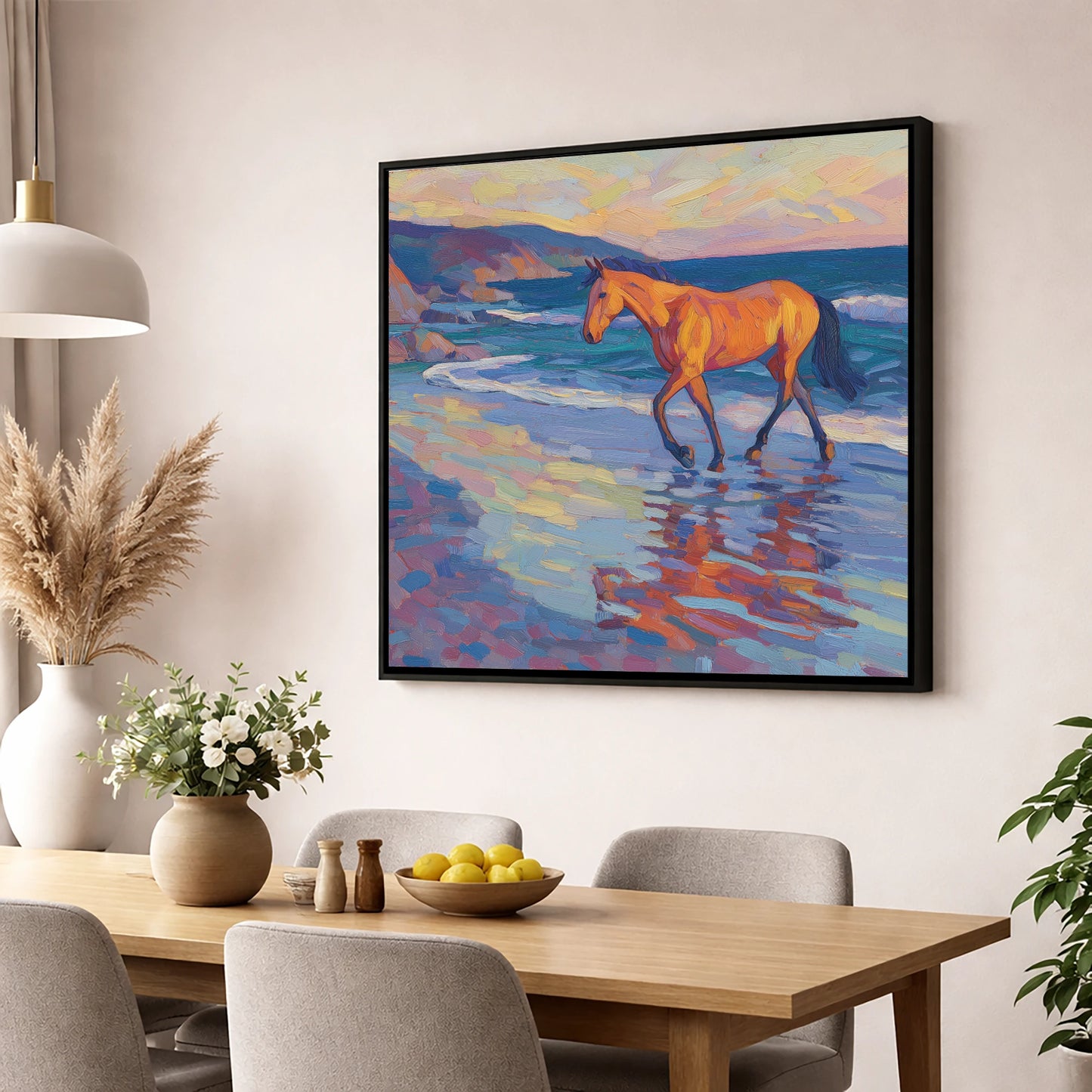 Vibrant Coastal Stride horse landscape wall art displayed in a dining room