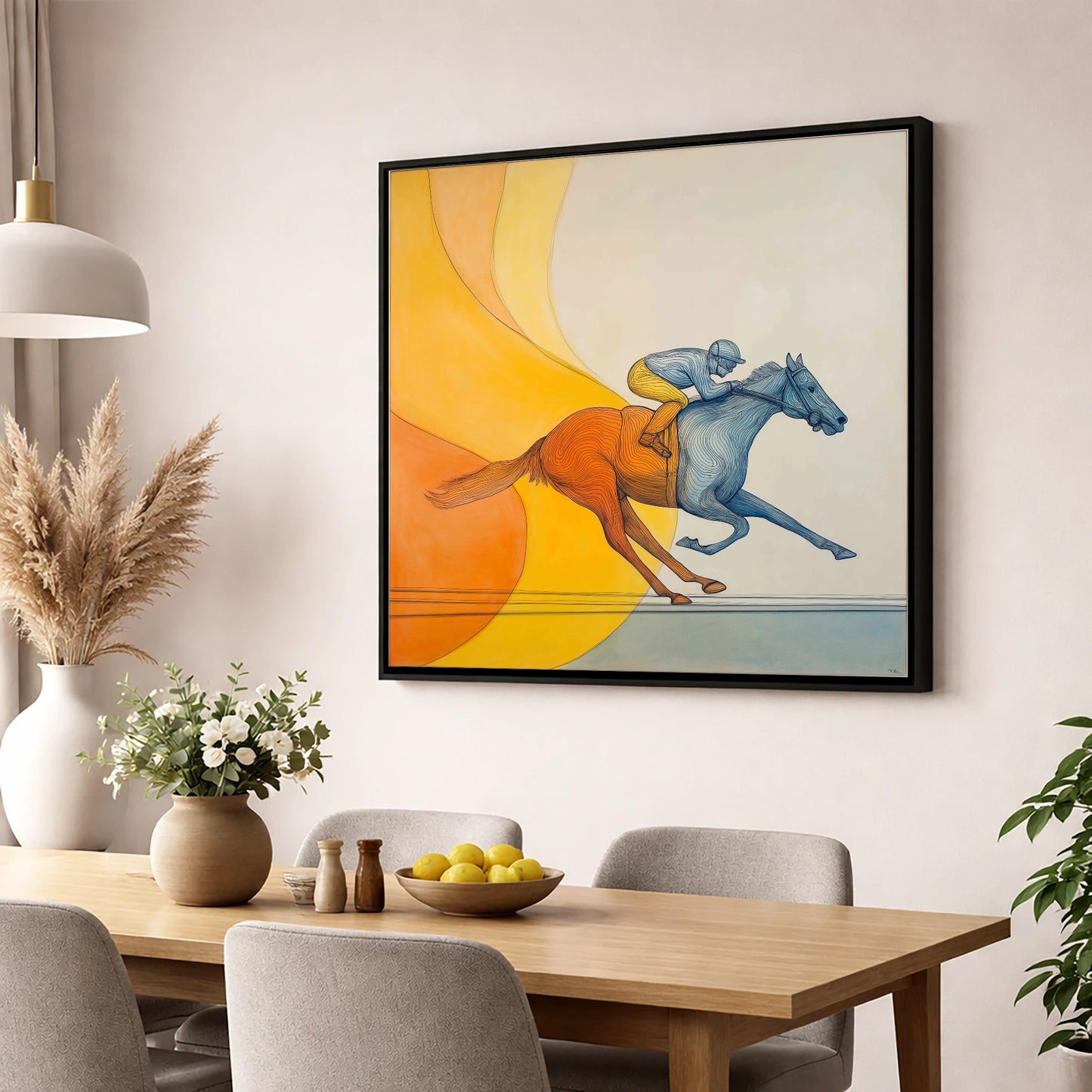 Contours of Speed racing horse wall art displayed in a dining room