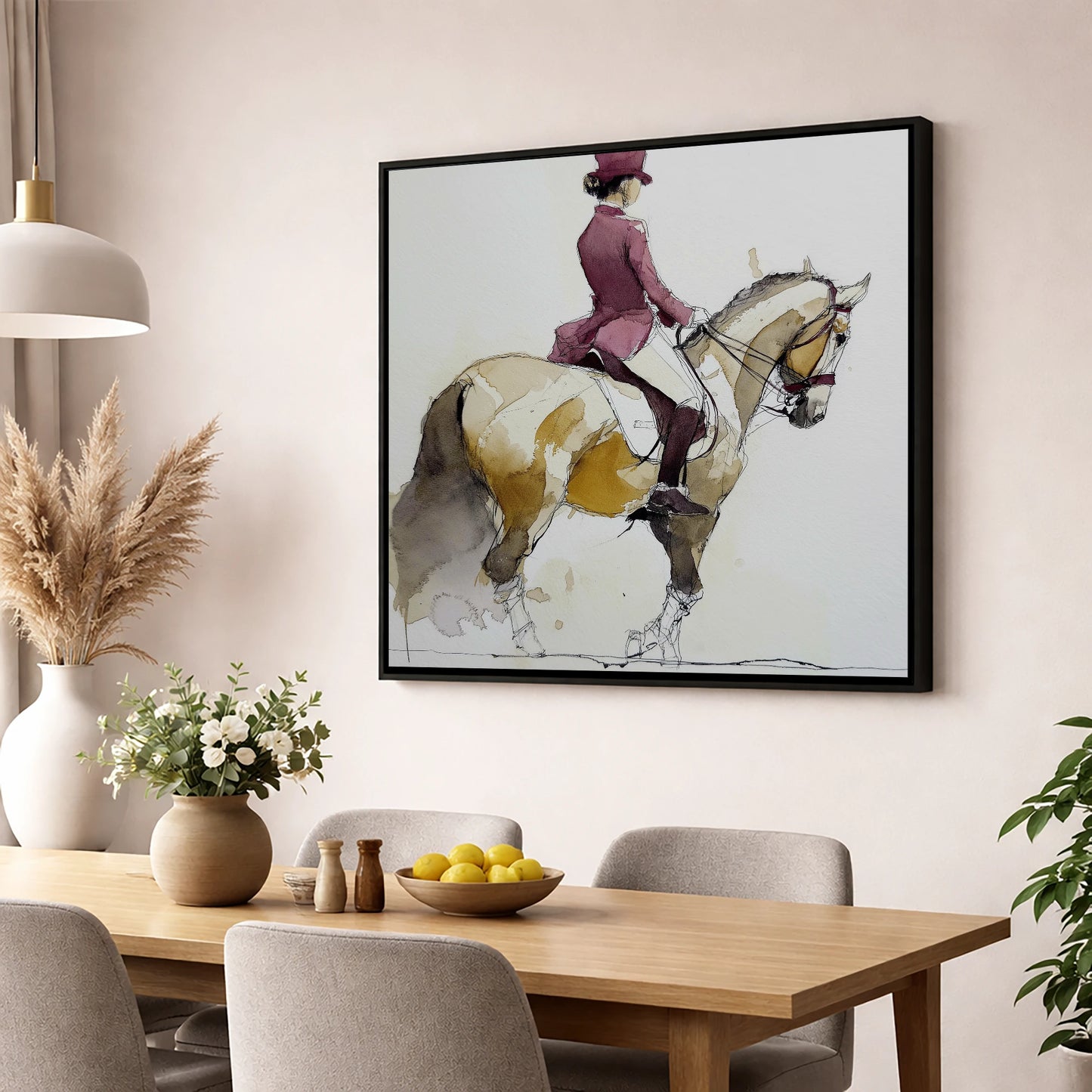 Classical Dressage Poise dressage horse wall art displayed in a dining room