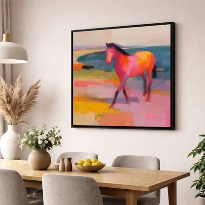 Vibrant Painted Stride horse landscape wall art displayed in a dining room
