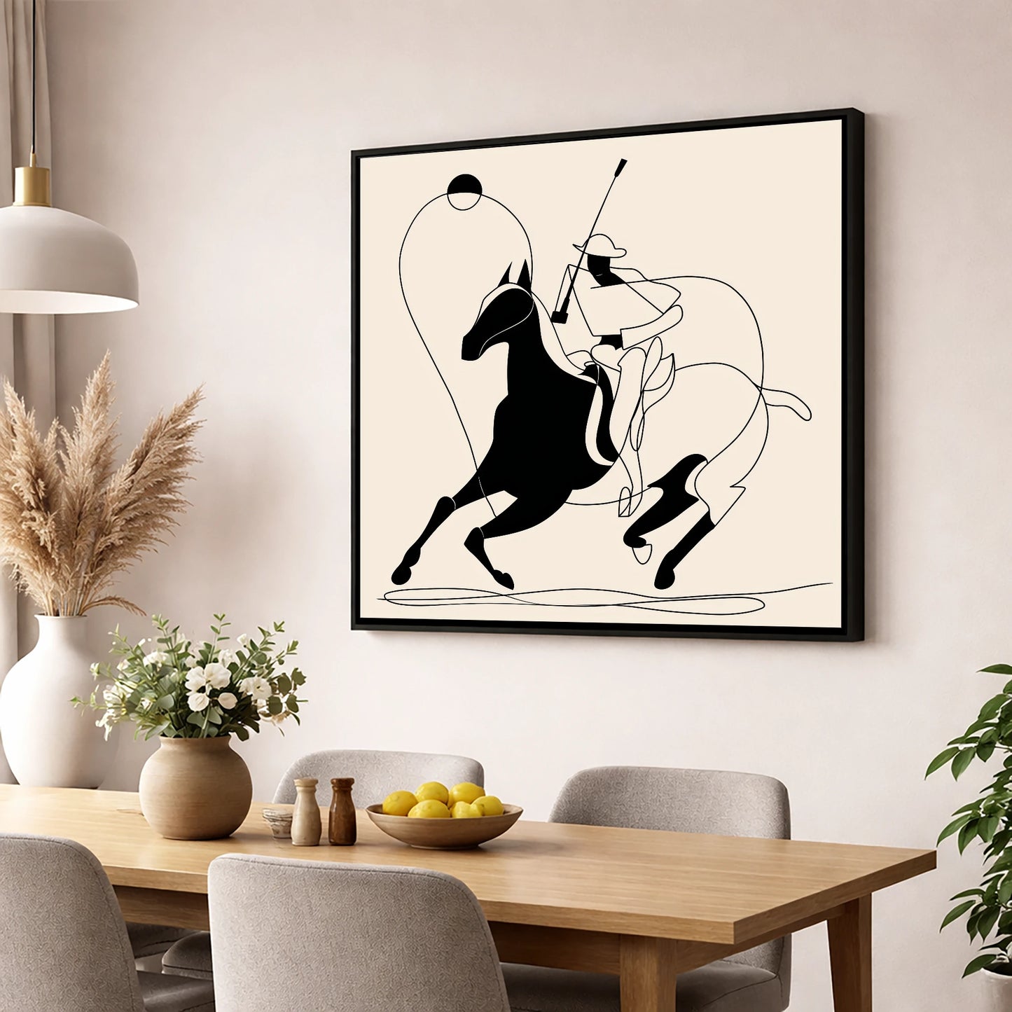 The Polo Swing polo horse wall art displayed in a dining room