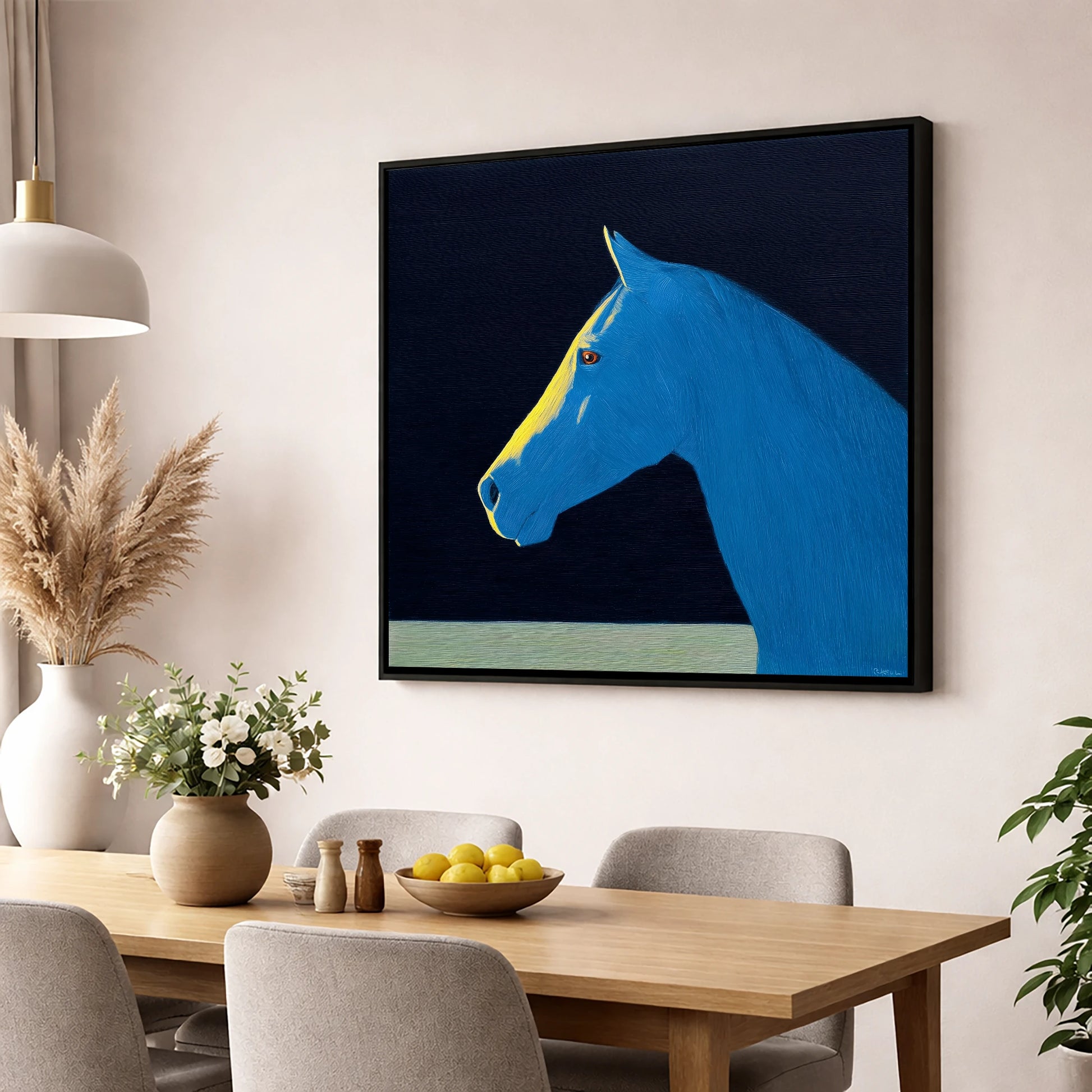 Striking Azure Profile horse breed wall art displayed in a dining room