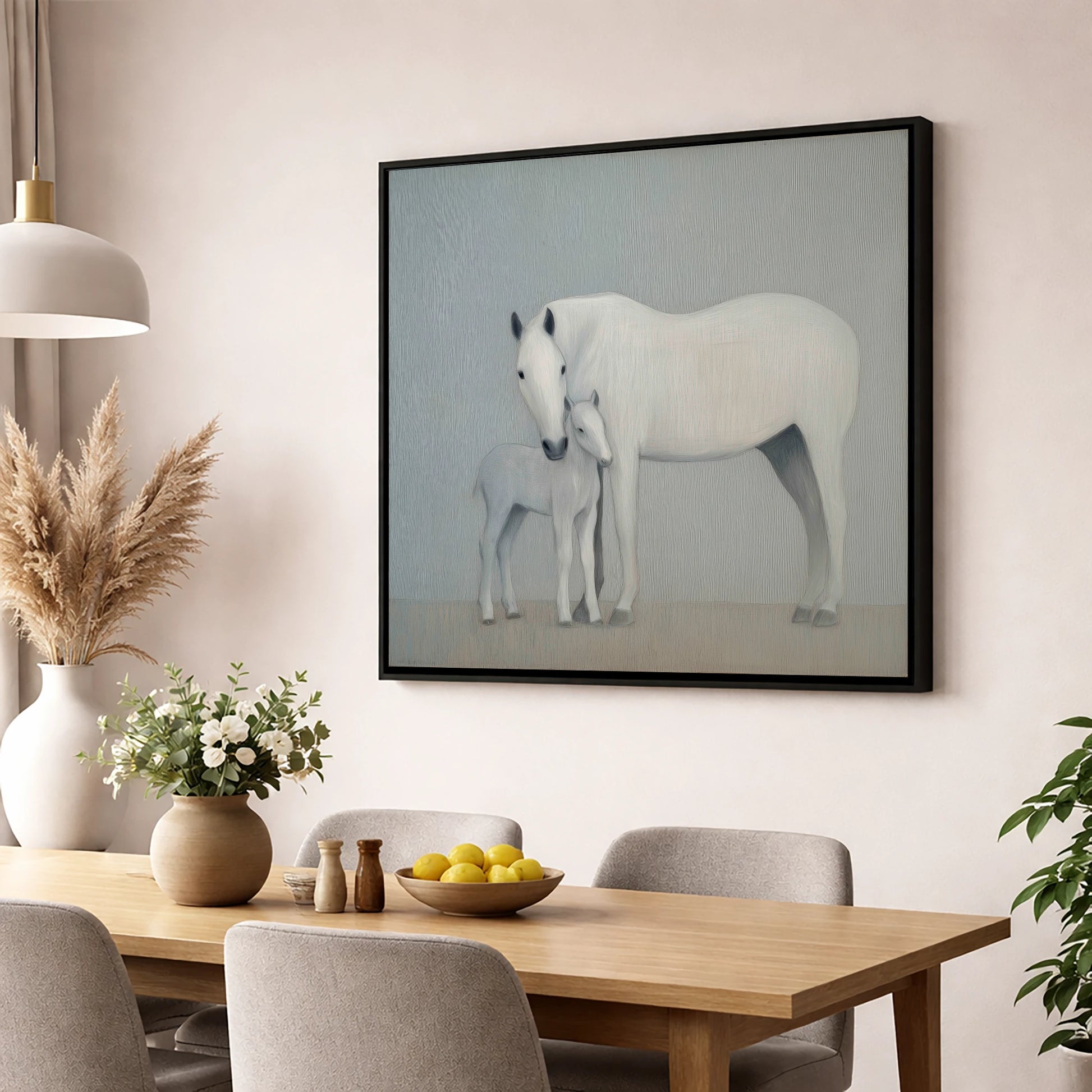 Quiet Devotion mare & foal wall art displayed in a dining room