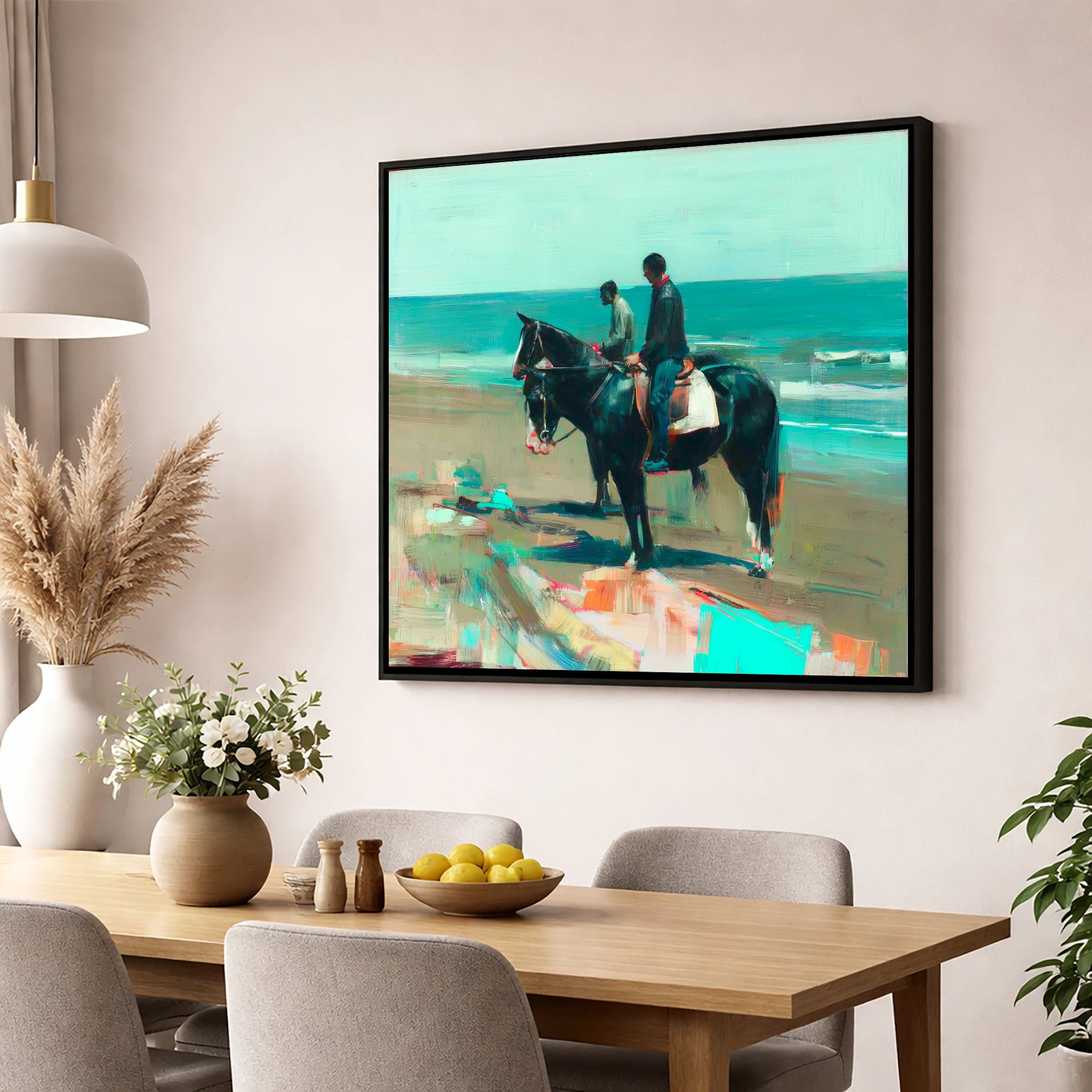 The Shoreline Hack horse landscape wall art displayed in a dining room