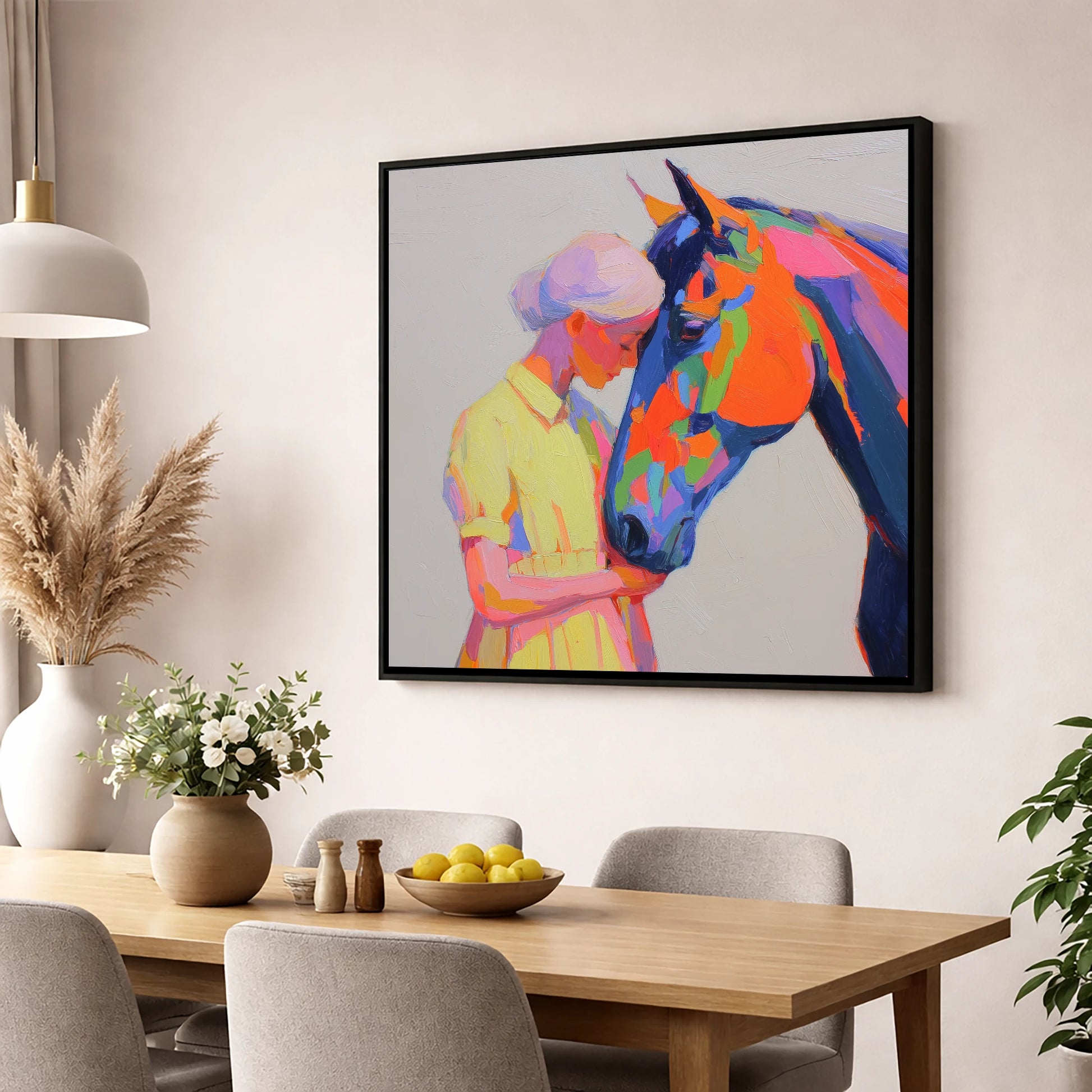 Radiant Connection horse & rider wall art displayed in a dining room