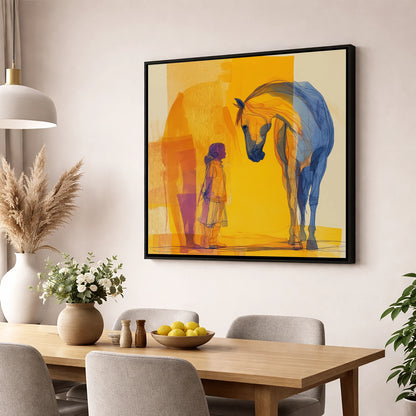 A Silent Understanding horse & rider wall art displayed in a dining room