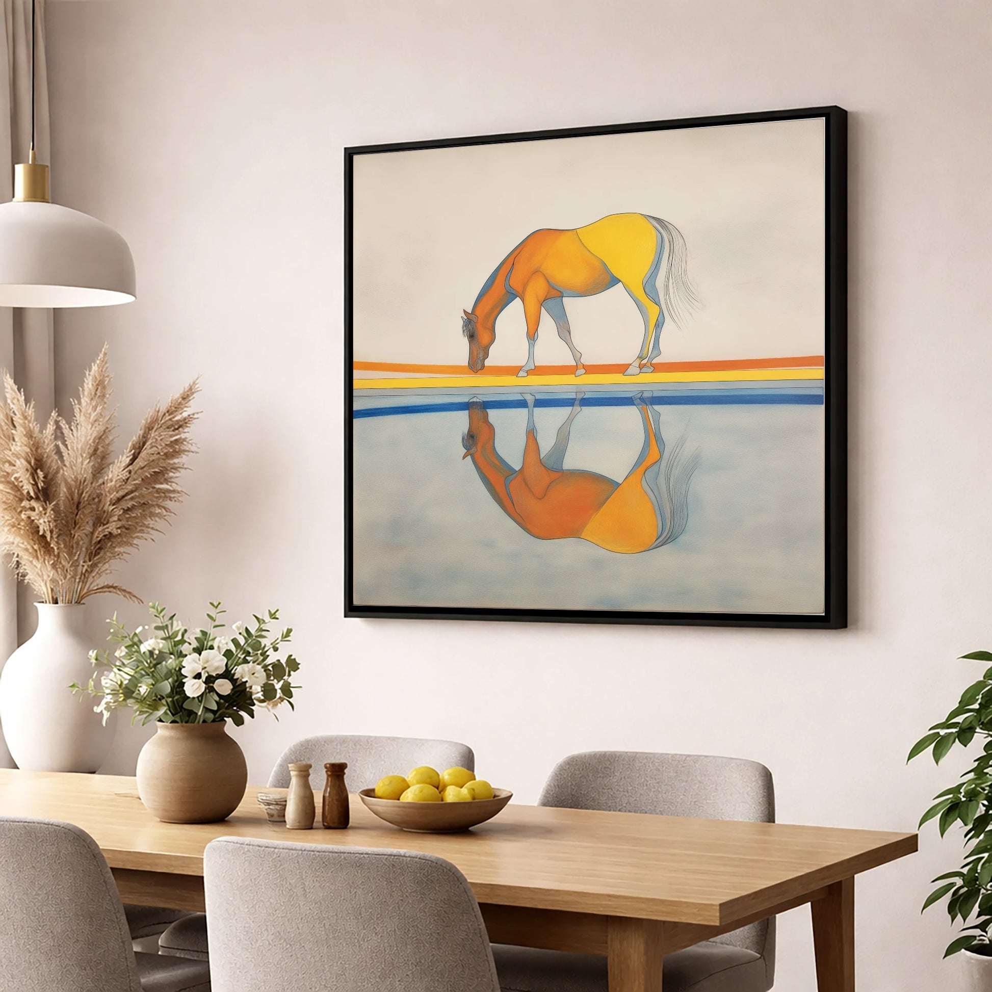 Symmetry in Amber horse portrait wall art displayed in a dining room