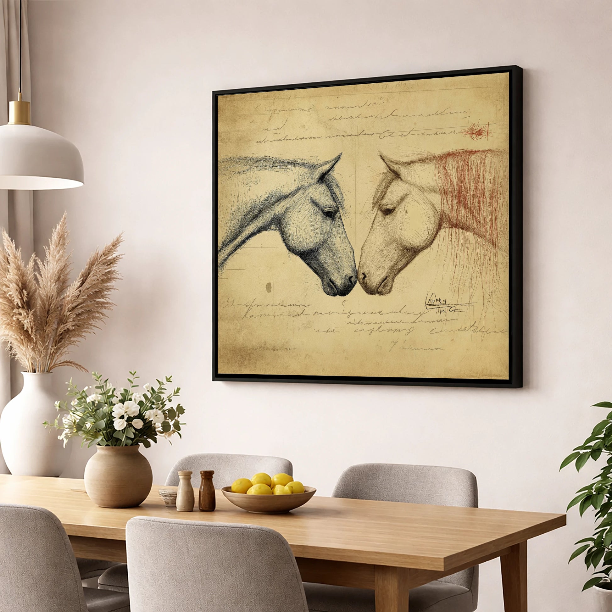 Vintage Equine Encounter horse portrait wall art displayed in a dining room