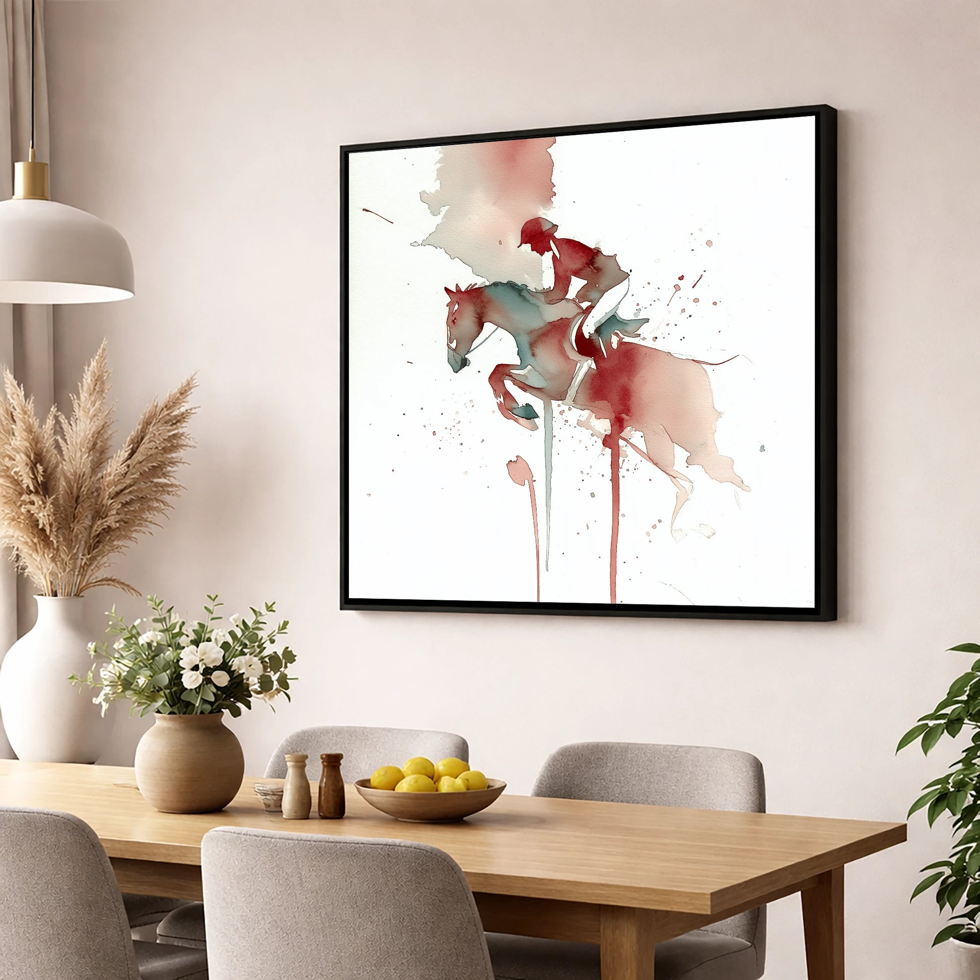 Crimson Flight show jumping horse wall art displayed in a dining room
