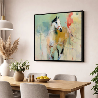 Abstract Paddock Spirit racing horse wall art displayed in a dining room