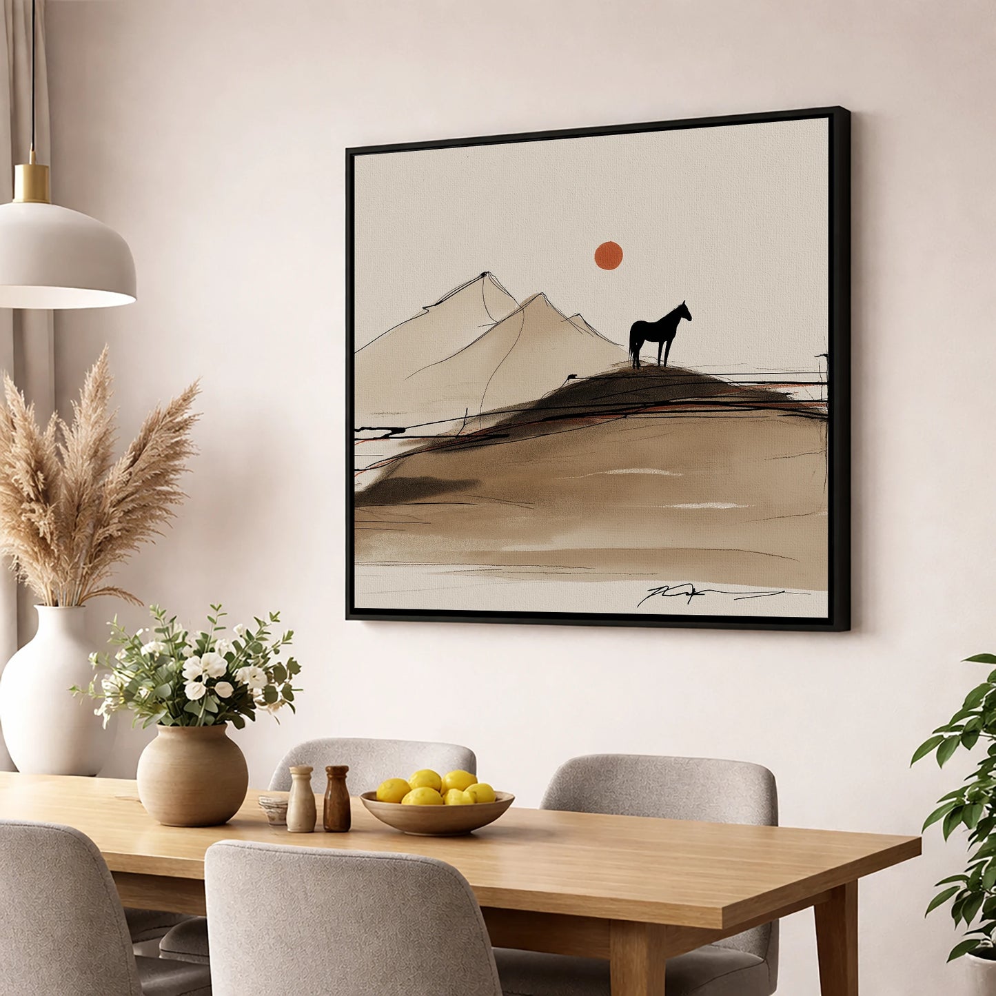 Sepia Ridge Silhouette horse landscape wall art displayed in a dining room