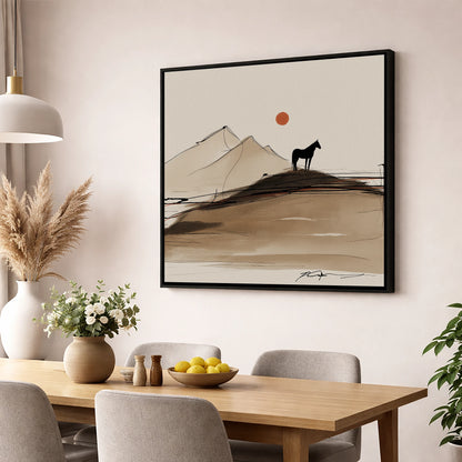 Sepia Ridge Silhouette horse landscape wall art displayed in a dining room