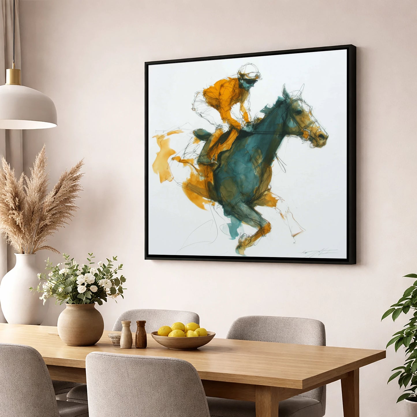 Amber Stride racing horse wall art displayed in a dining room