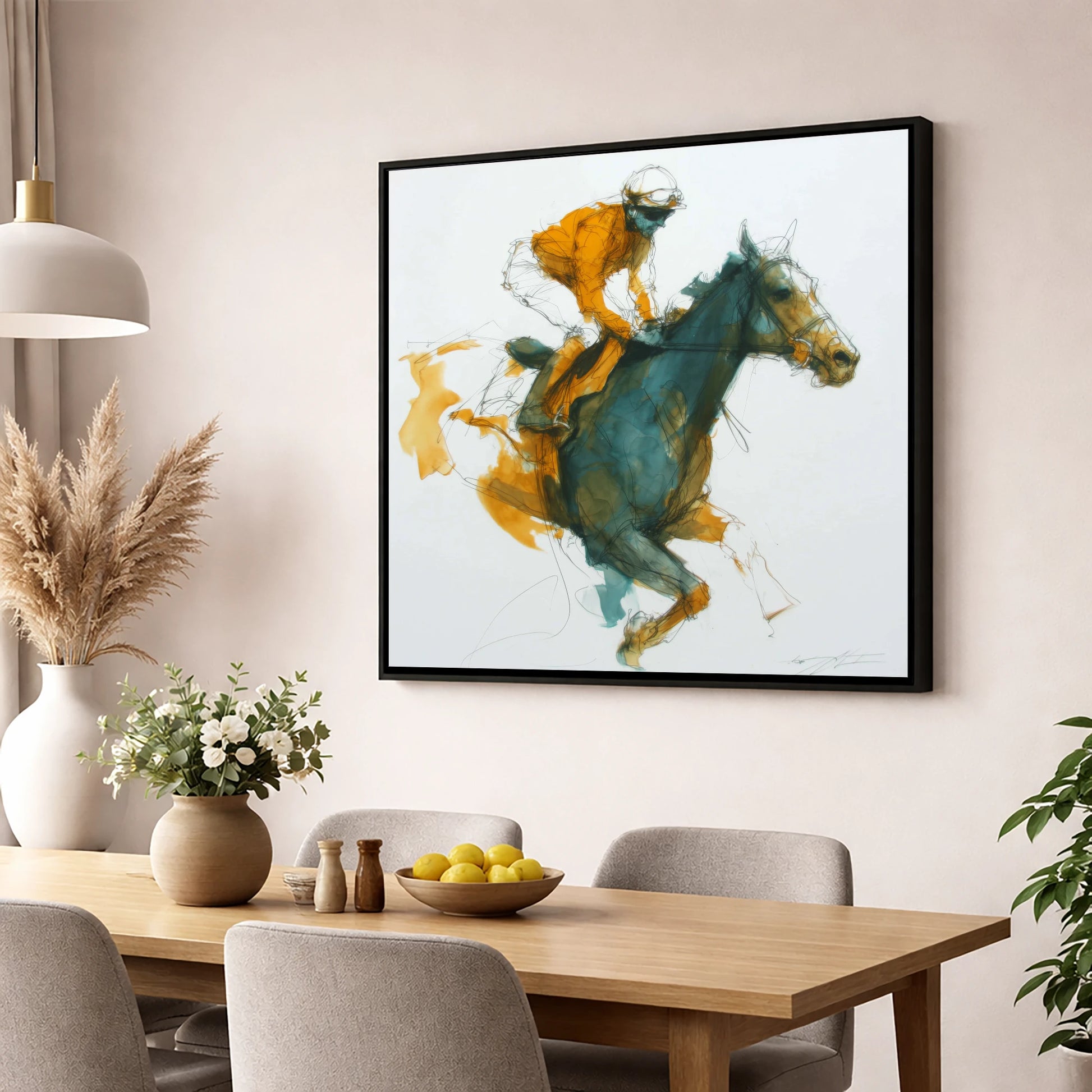 Amber Stride racing horse wall art displayed in a dining room