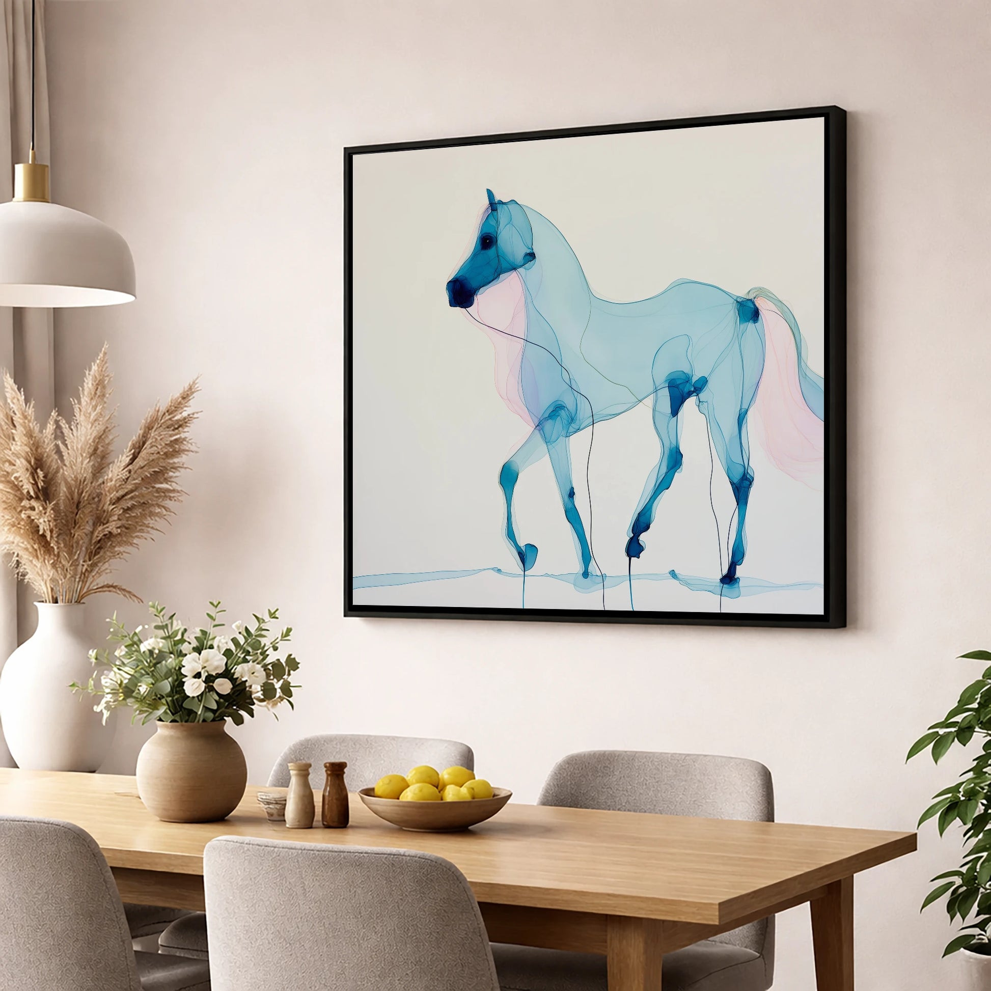 Cerulean Grace horse breed wall art displayed in a dining room