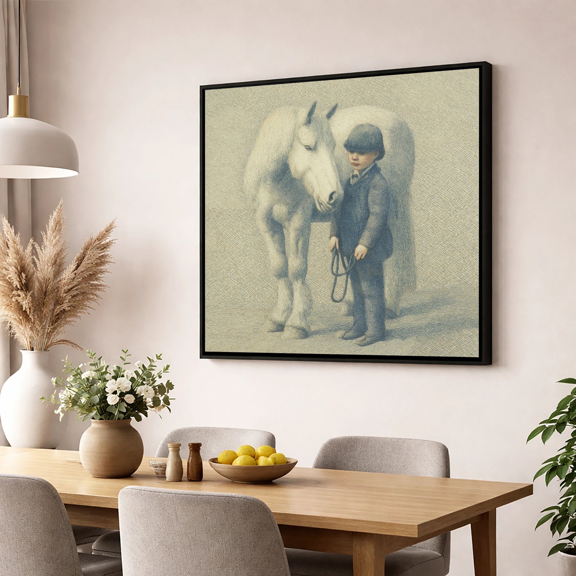 The Young Handler horse & rider wall art displayed in a dining room