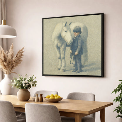 The Young Handler horse & rider wall art displayed in a dining room