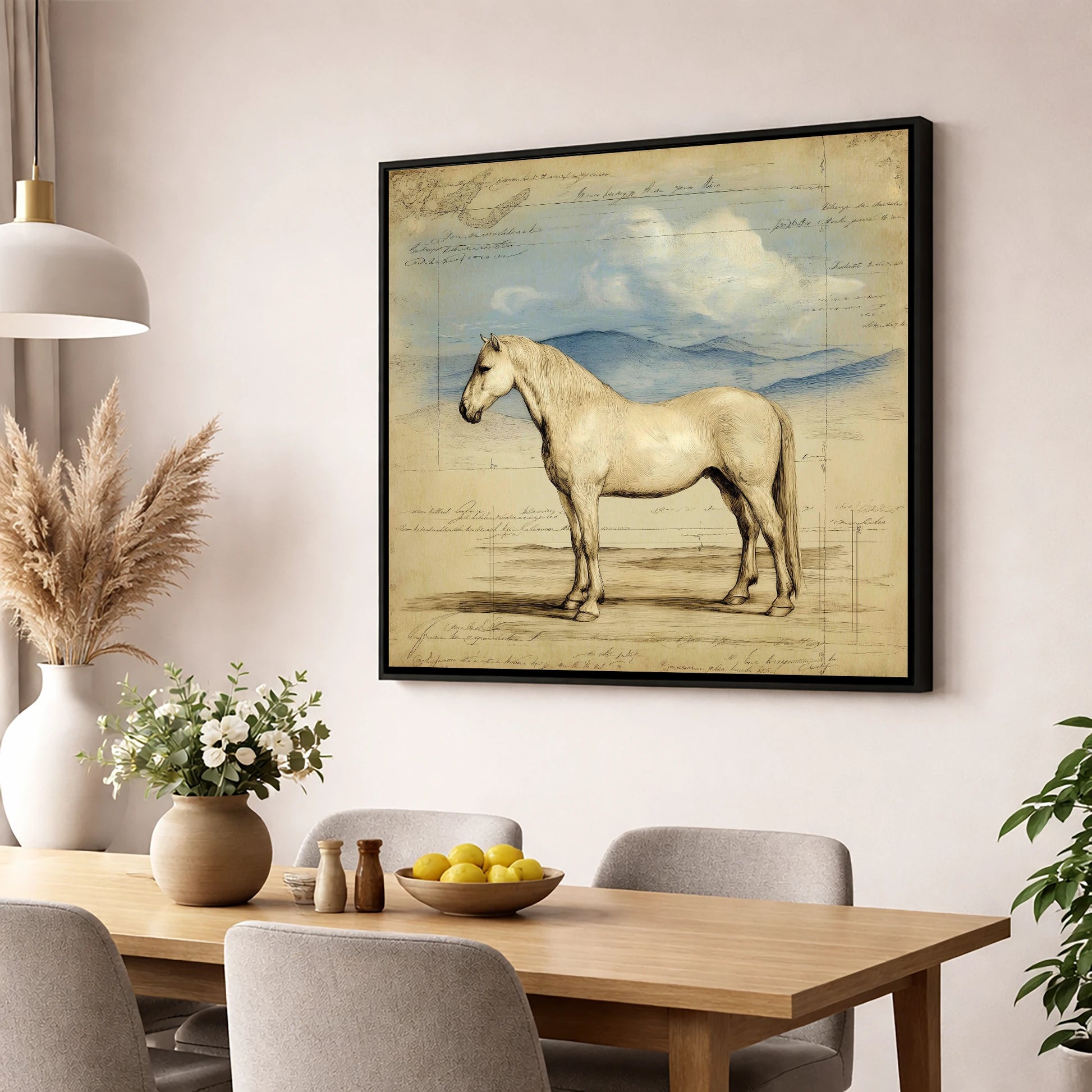 Classical Equine Study horse portrait wall art displayed in a dining room