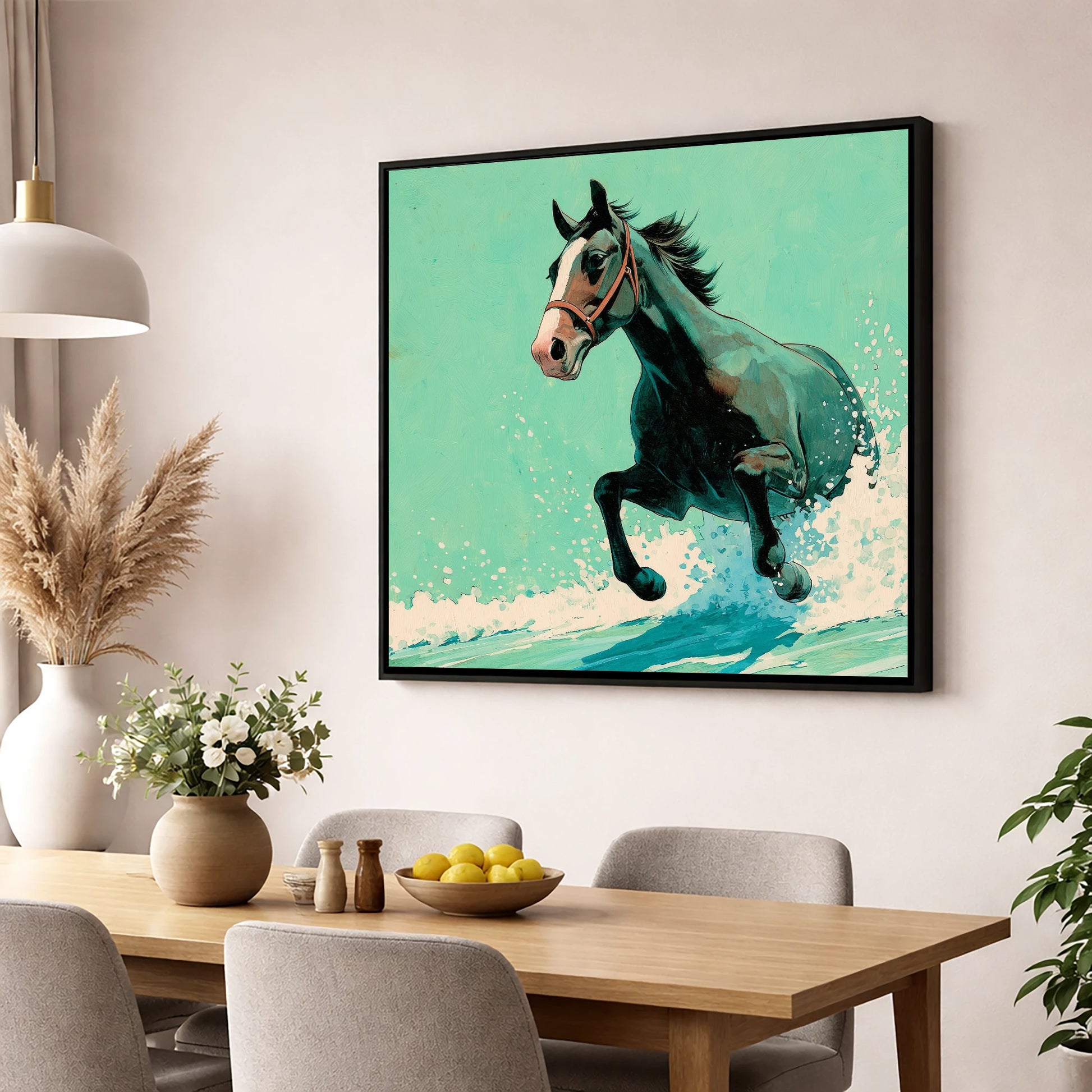 Sea Spray Gallop beach horse wall art displayed in a dining room