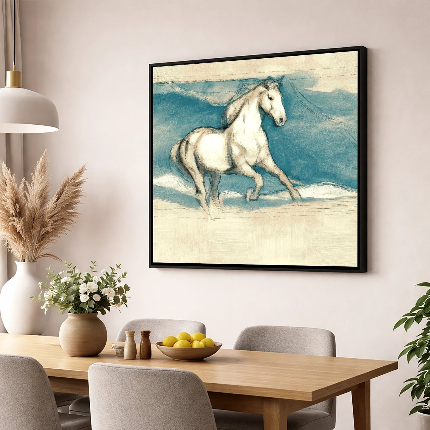 Ethereal Grey Canter horse portrait wall art displayed in a dining room
