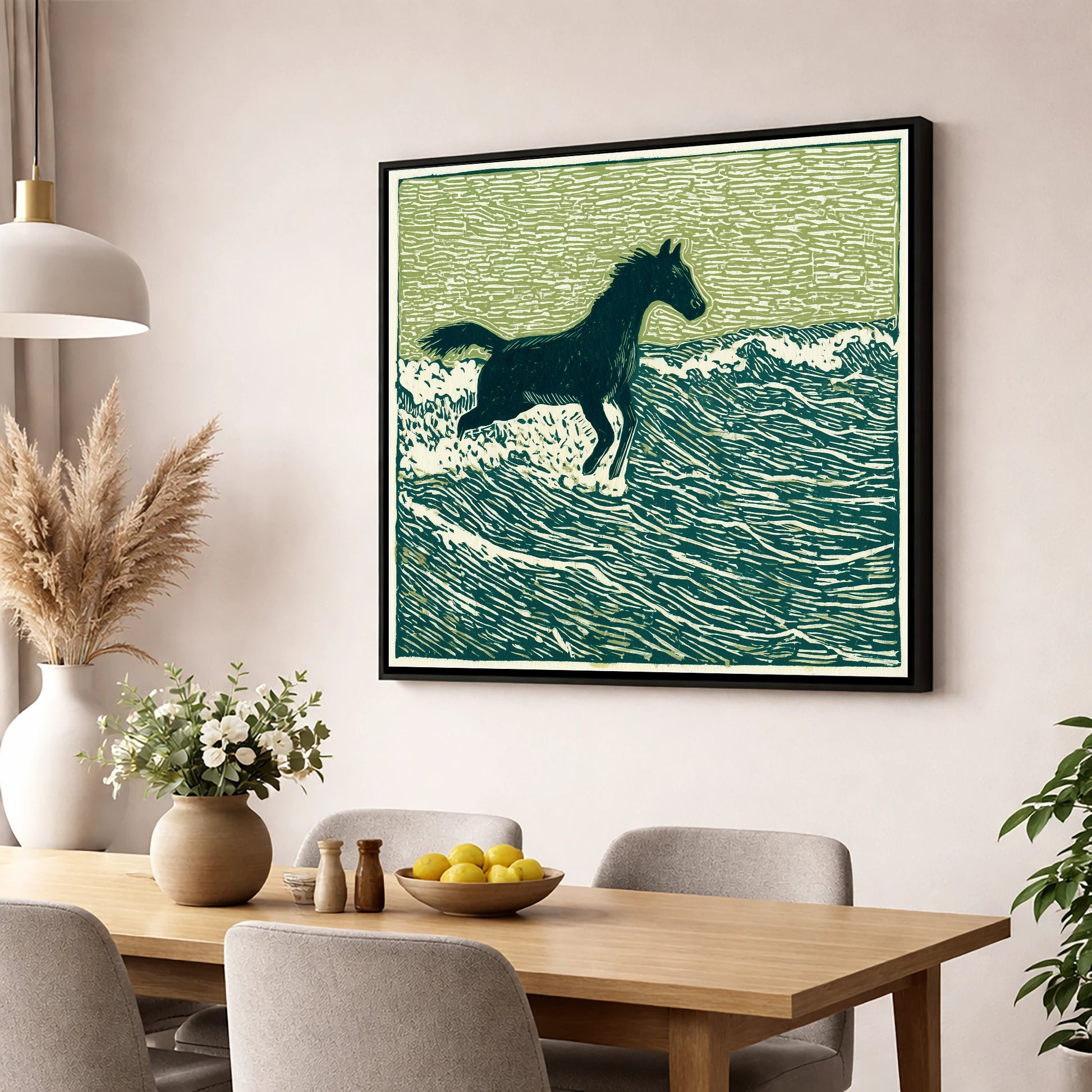 Wild Coastal Canter beach horse wall art displayed in a dining room